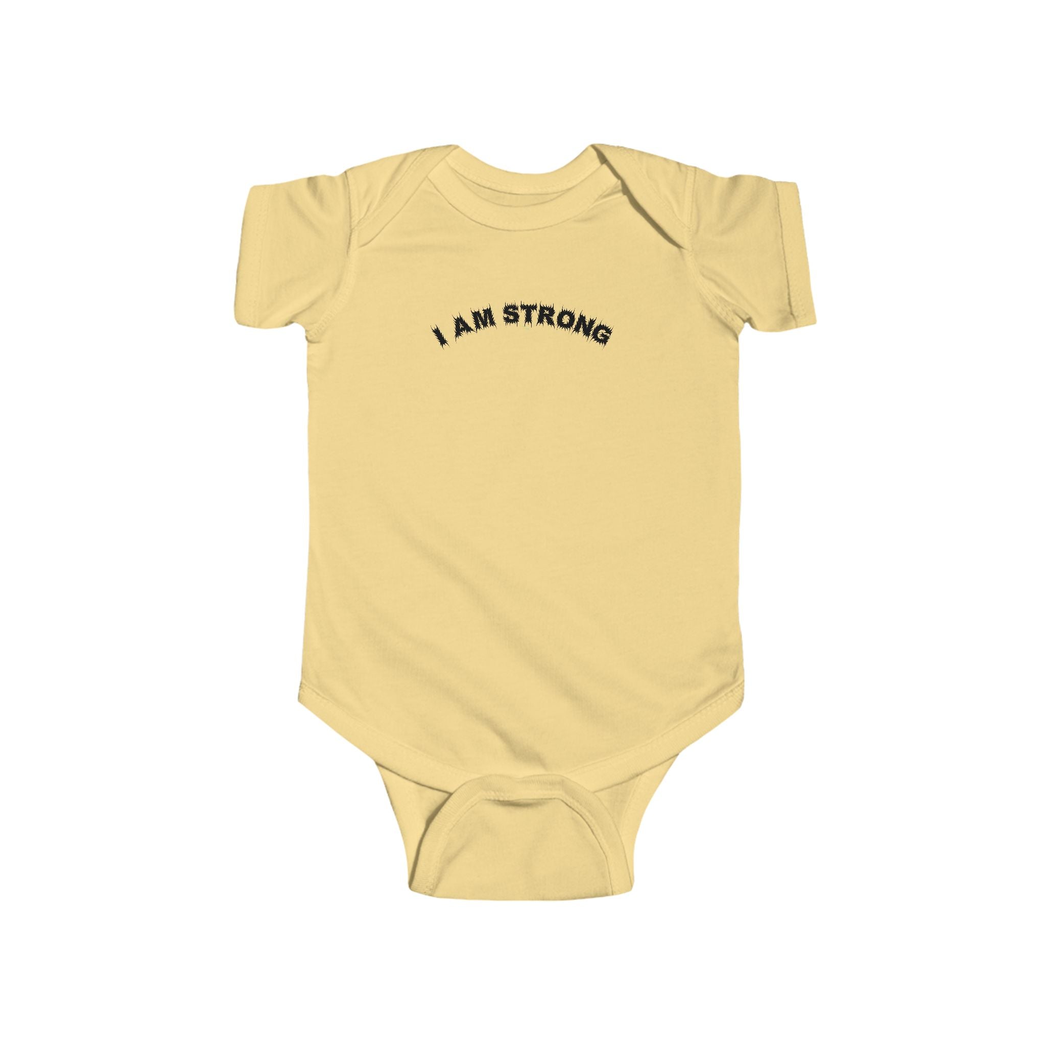 Bildsa I Am Strong Black Text Baby Onesie