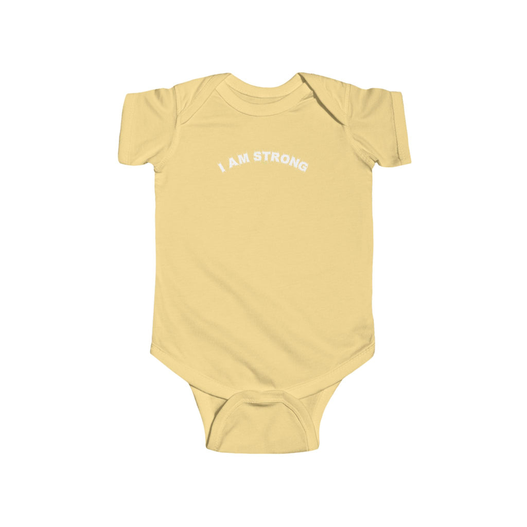 Bildsa I Am Strong White Text Baby Onesie