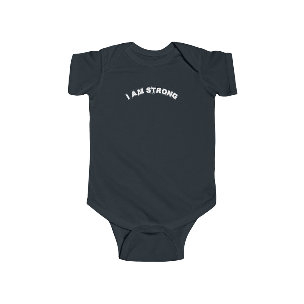 Bildsa I Am Strong White Text Baby Onesie