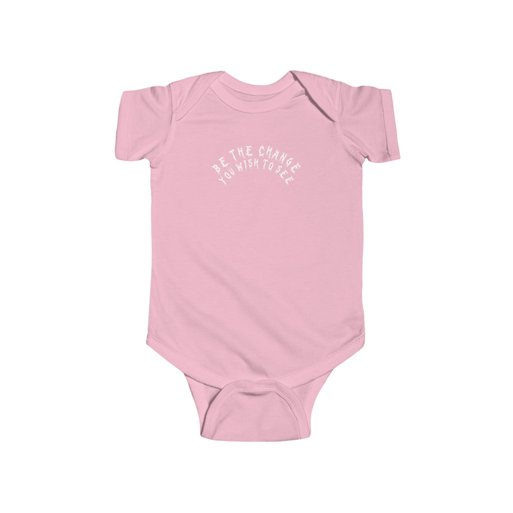 Hvita Be The Change White Text Baby Onesie
