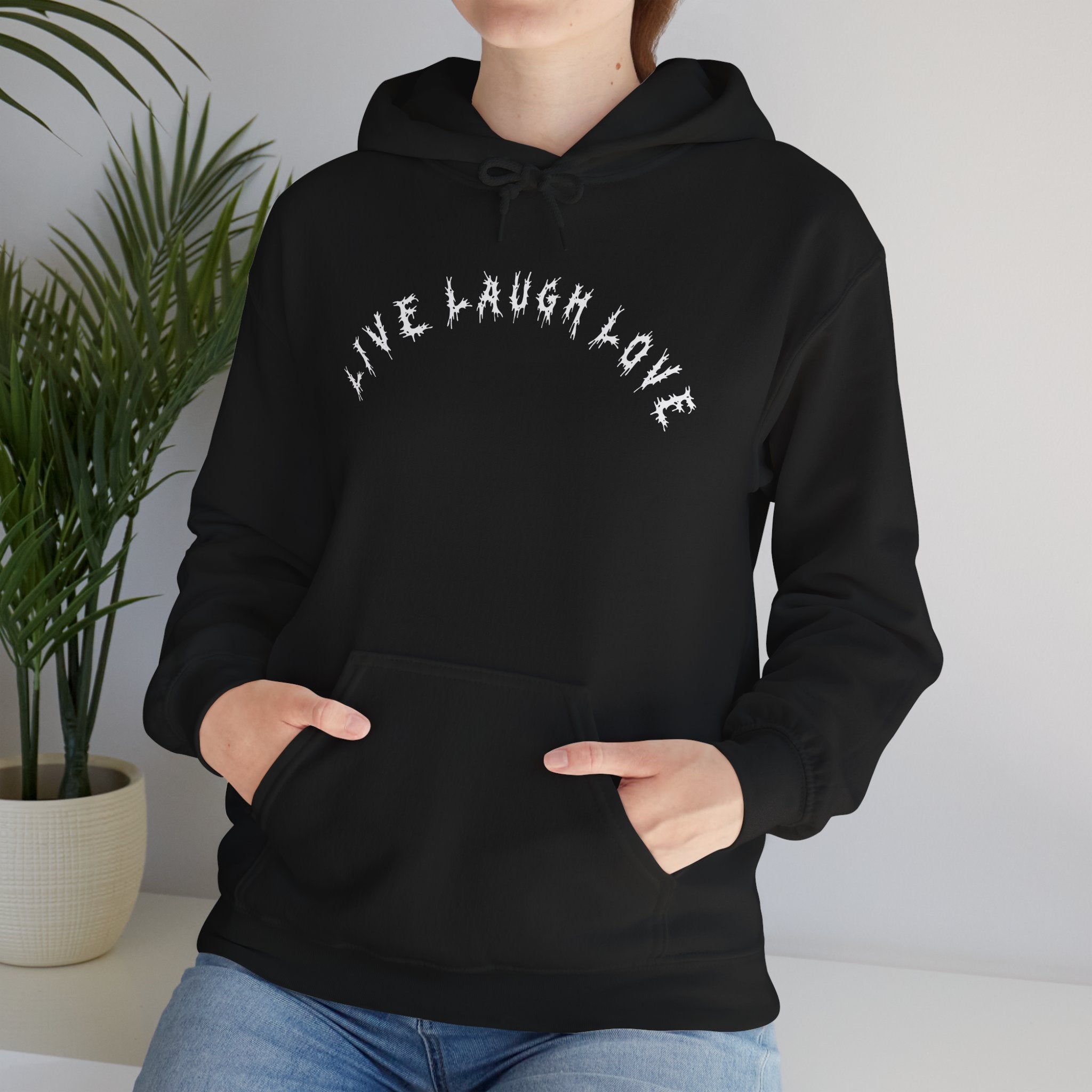 Hvita Live Laugh Love White Text Hoodie